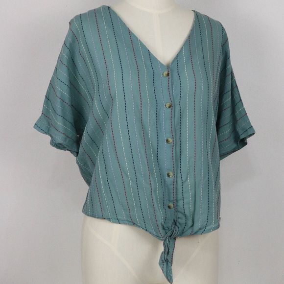 Falls Creek Light Teal Blue Button Down Embroidered Short Sleeve Blouse XL - Picture 6 of 10